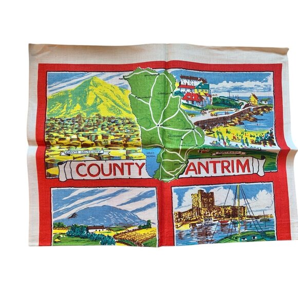 County Antrim Ireland Souvenir Tea Towel Pure Irish Linen 21"x32" Vibrant Vintag - Picture 3 of 5